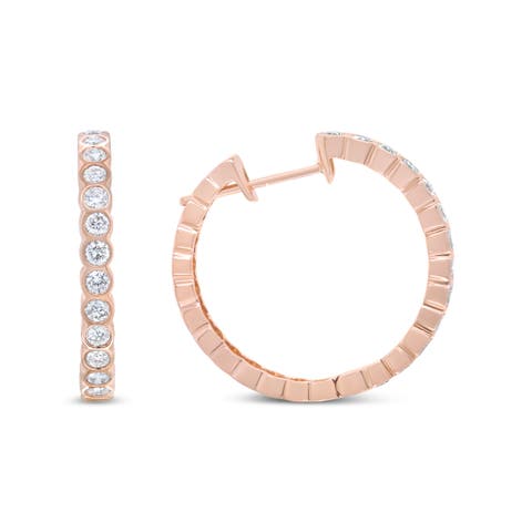 18K Rose Gold 1 Cttw Round Bezel-Set Diamond Hoop Earrings