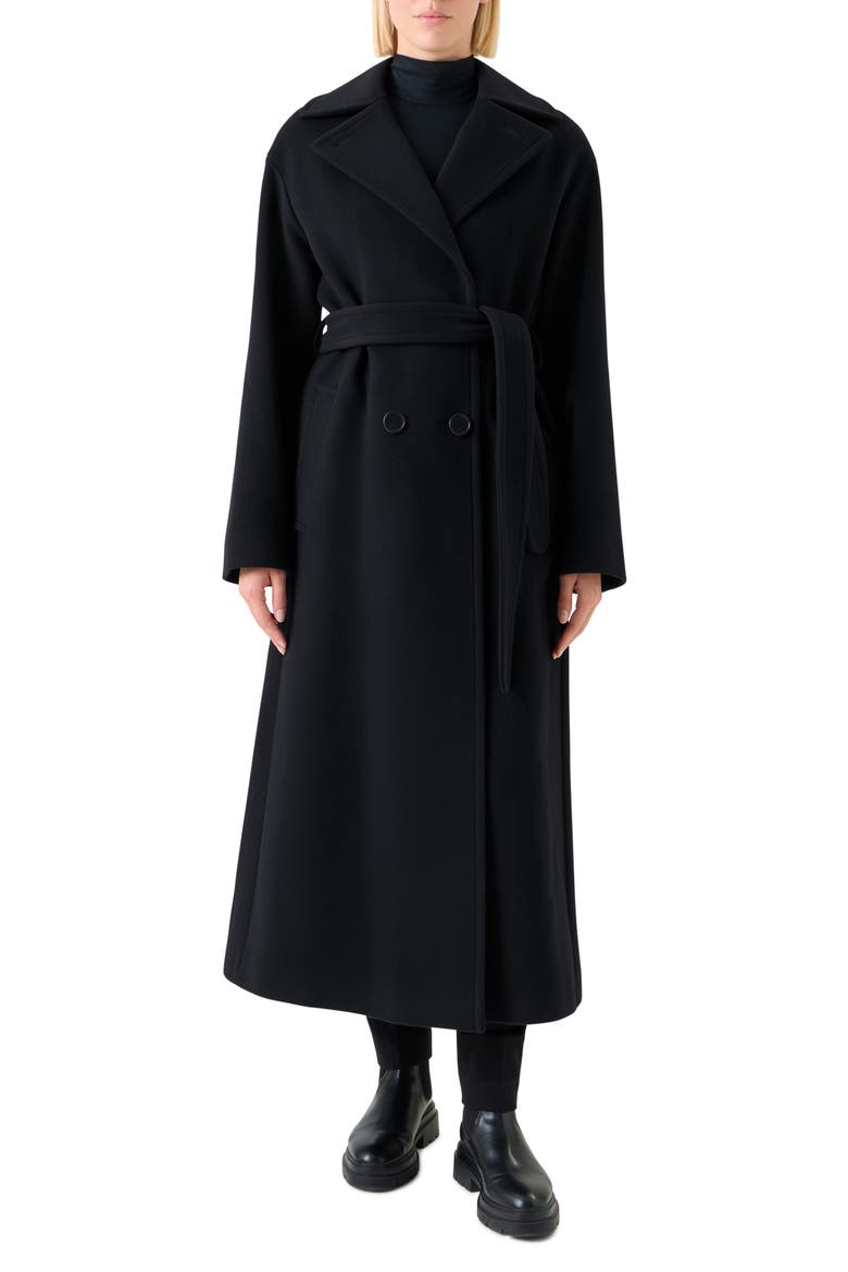 Double Breasted Belted Wool Blend Coat, Main, color, BLACK
