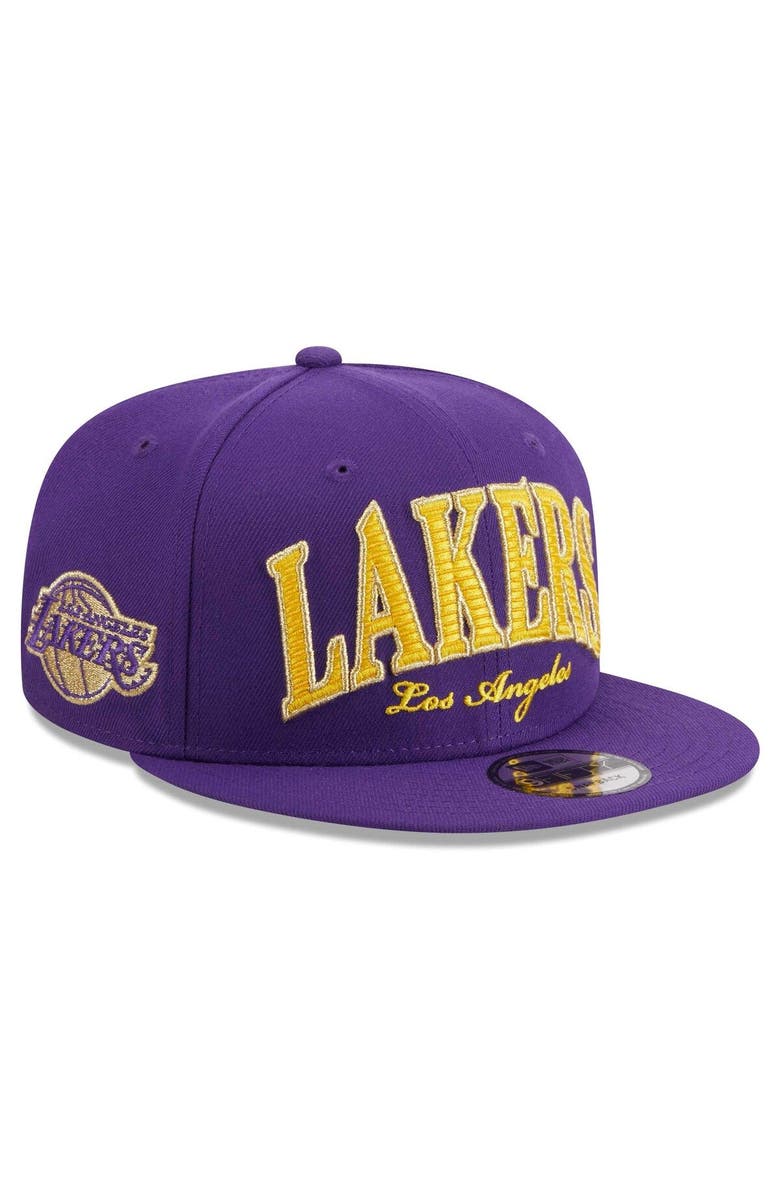 New Era Men's New Era Purple Los Angeles Lakers Golden Tall Text 9FIFTY Snapback Hat, Main, color, Purple
