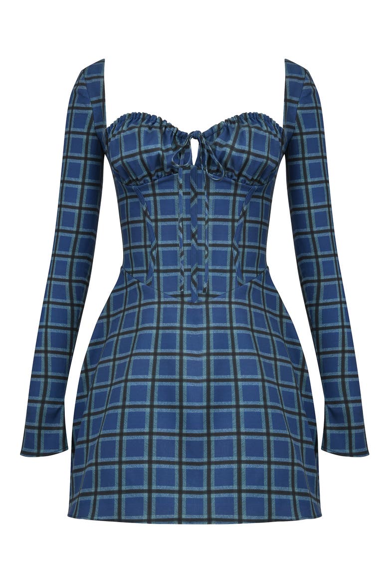 Malika Long Sleeve Cocktail Minidress, Alternate, color, BLUE TARTAN PRINT
