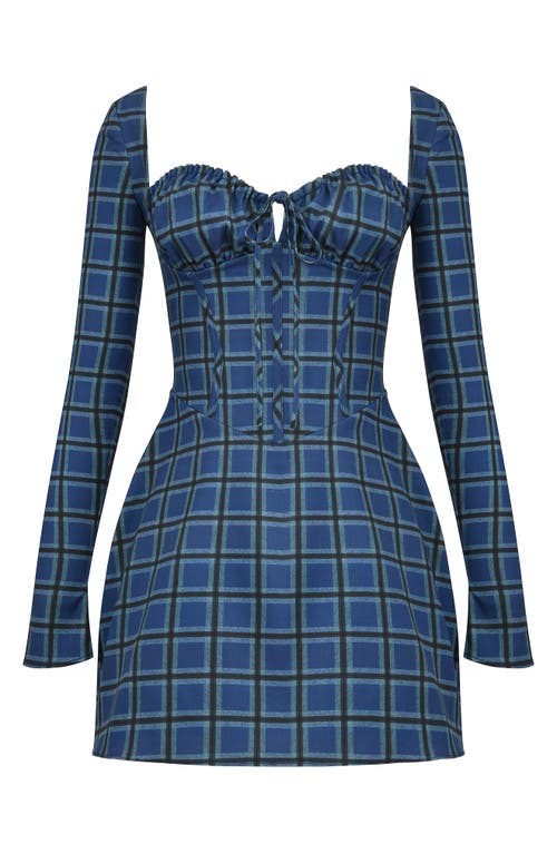 Shop House Of Cb Malika Long Sleeve Cocktail Minidress In Blue Tartan Print