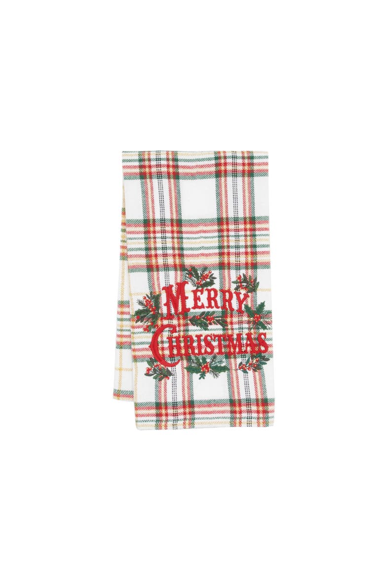Merry Christmas Holiday Phrases Embroidered Plaid Towel, Main, color, Green