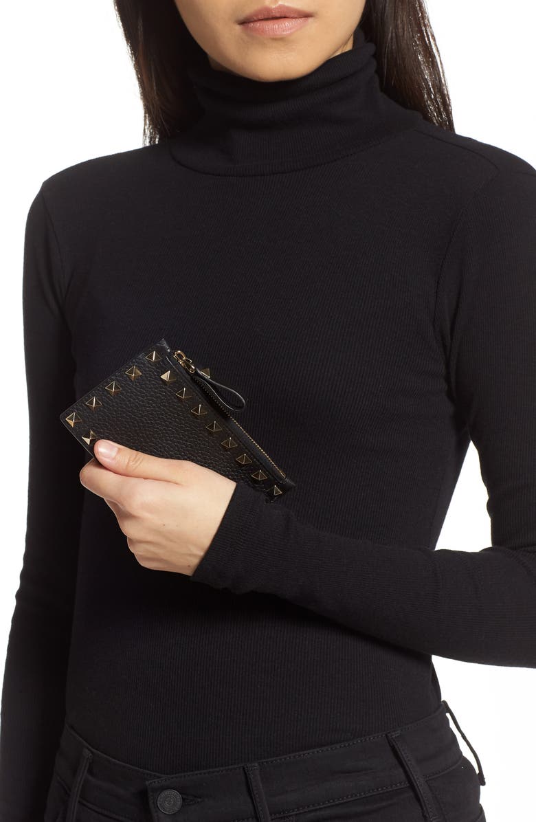 Valentino Garavani Rockstud Leather Zip Card Case, Alternate, color, 