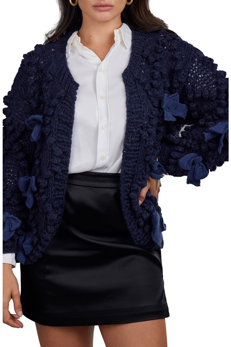 Bow Chunky Knit Cardigan, Alternate, color, NAVY