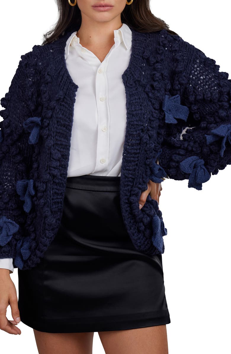 SAACHI Bow Chunky Knit Cardigan, Main, color, Navy