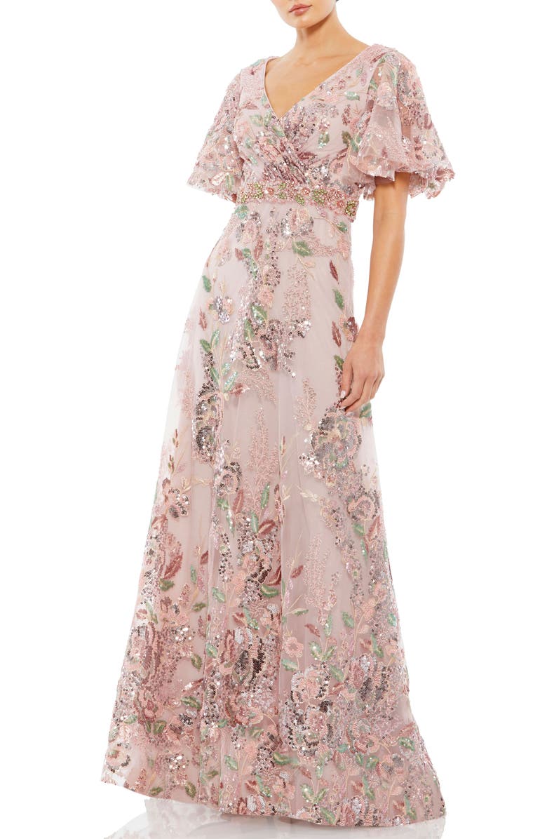 Mac Duggal Floral Embellished Short Sleeve Faux Wrap Gown, Main, color, Rose Pink
