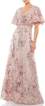 Mac Duggal Floral Embellished Short Sleeve Faux Wrap Gown