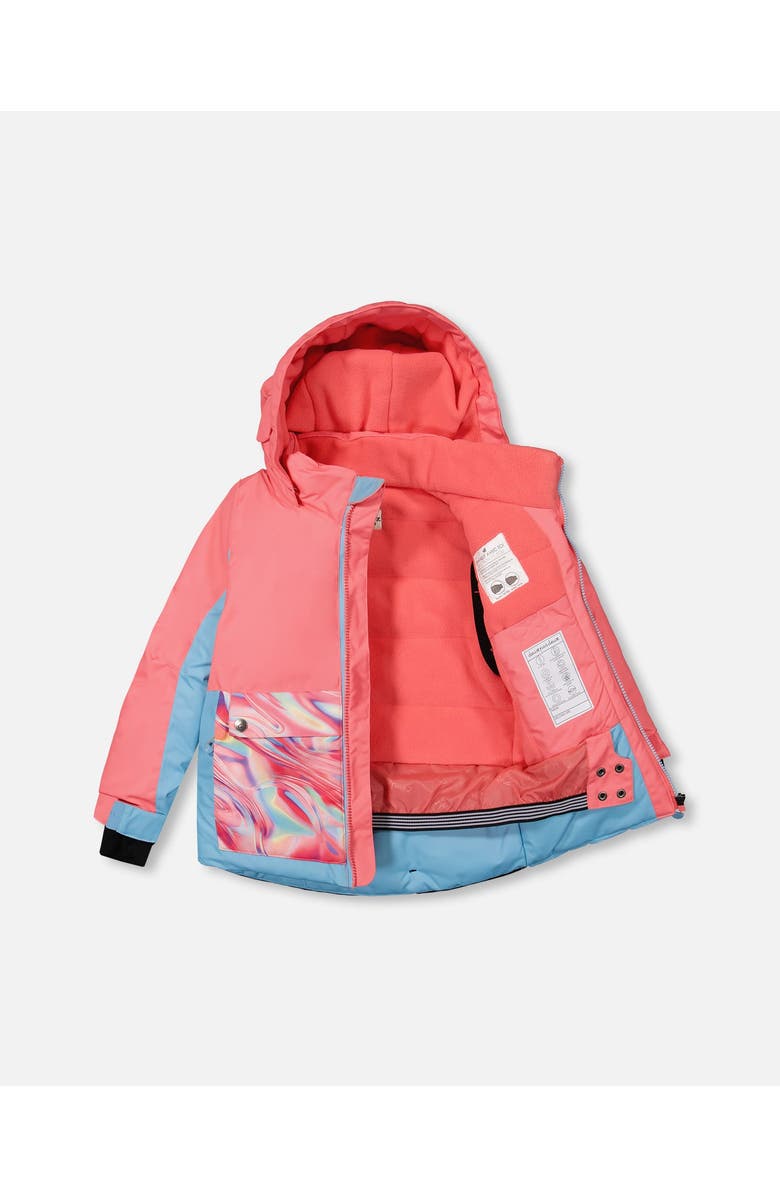 Deux par Deux Girl's Two Piece Snowsuit Colorblock Coral And Air Blue With Printed Marble, Alternate, color, 