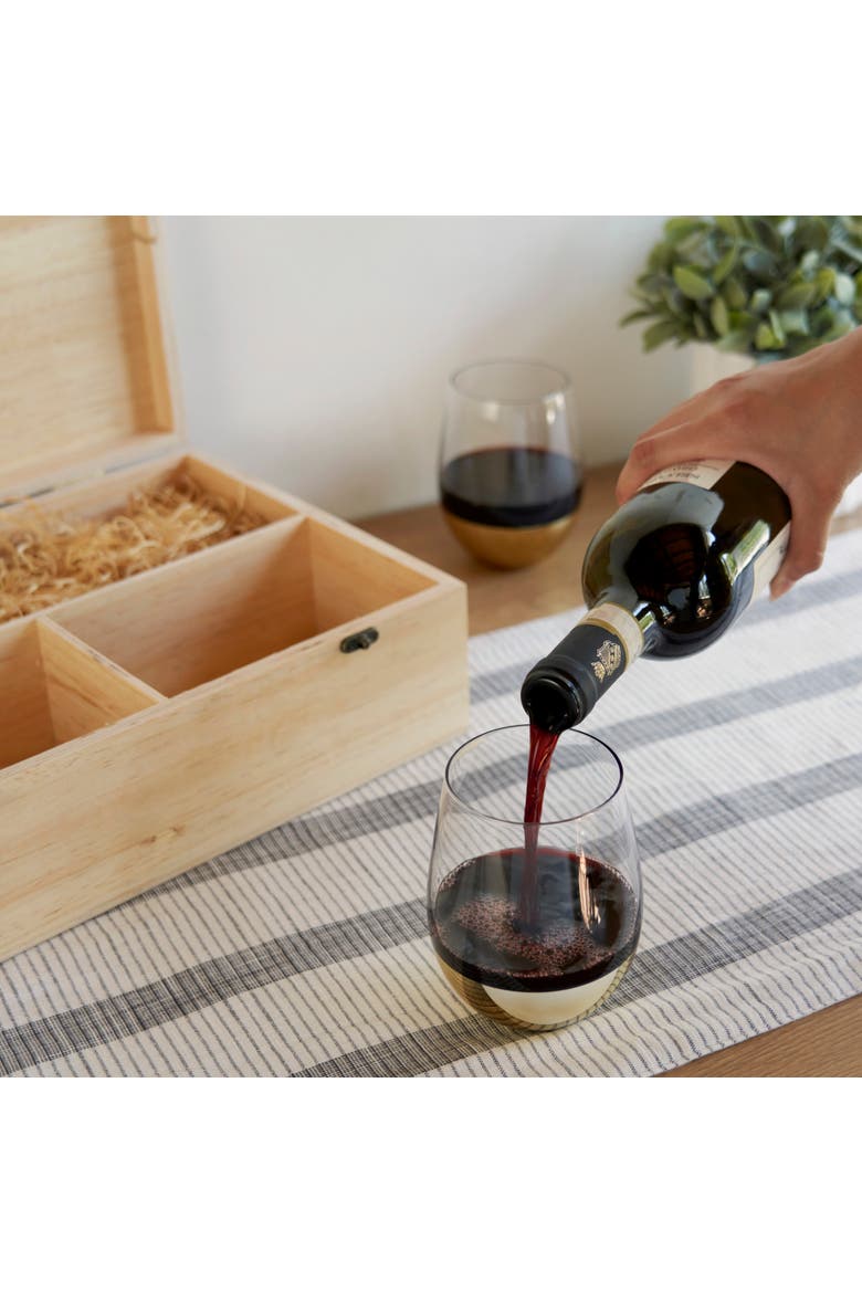 Single Bottle Wooden Wine Box with Two Stemless Wine Glass Set, Alternate, color, Wood