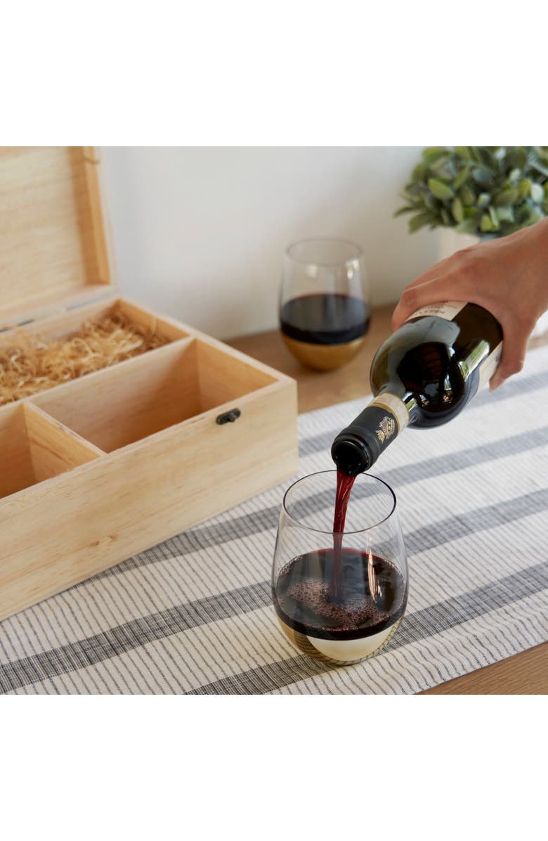 TWINE Single Bottle Wooden Wine Box with Two Stemless Wine Glass Set, Alternate, color, Wood