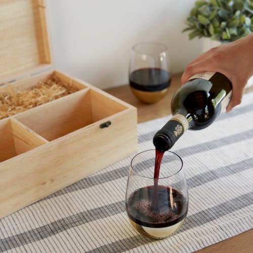 Twine Single Bottle Wooden Wine Box With Two Stemless Wine Glass Set In Wood