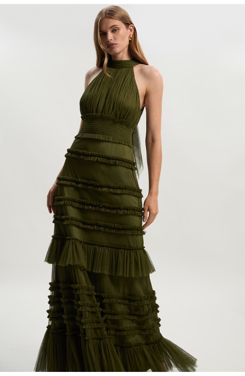 Karen Millen Tulle Layered Halter Neck Maxi Dress, Main, color, Khaki