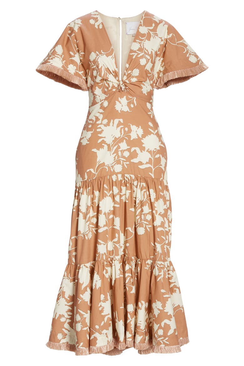 Tea House Raffia Trim Floral Print Dress, Alternate, color, CAMEL/ ECRU
