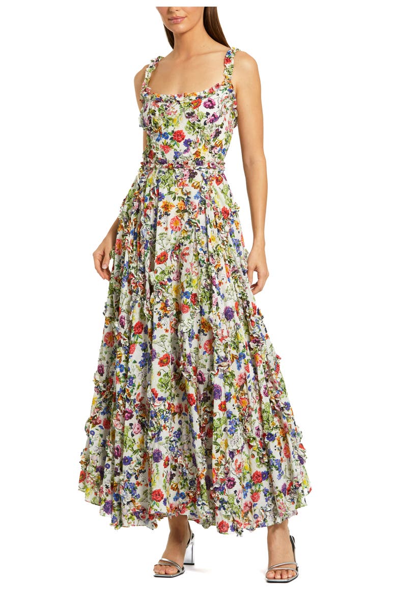Mac Duggal Floral Cotton Ruffle Square Neck Ankle Dress, Main, color, White Multi