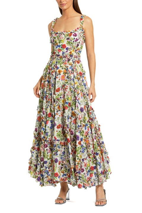 Floral Cotton Ruffle Square Neck Ankle Dress