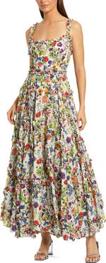 Mac Duggal Floral Cotton Ruffle Square Neck Ankle Dress