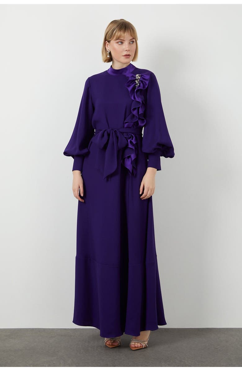 Gizia Gathered Detail Beaded Long Unlined Off-White Dress, Alternate, color, Beige