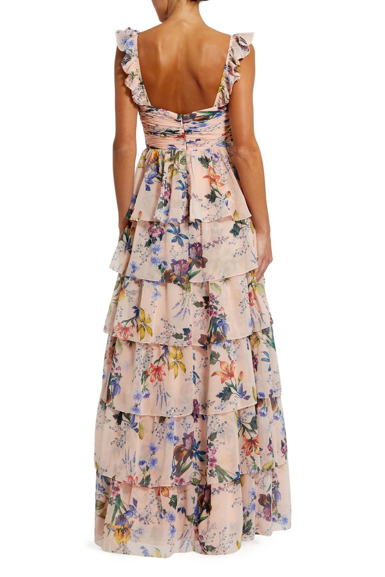 Women's Ruffle Sleeveless Chiffon Tiered Floral Print Gown, Alternate, color, Pink Multi