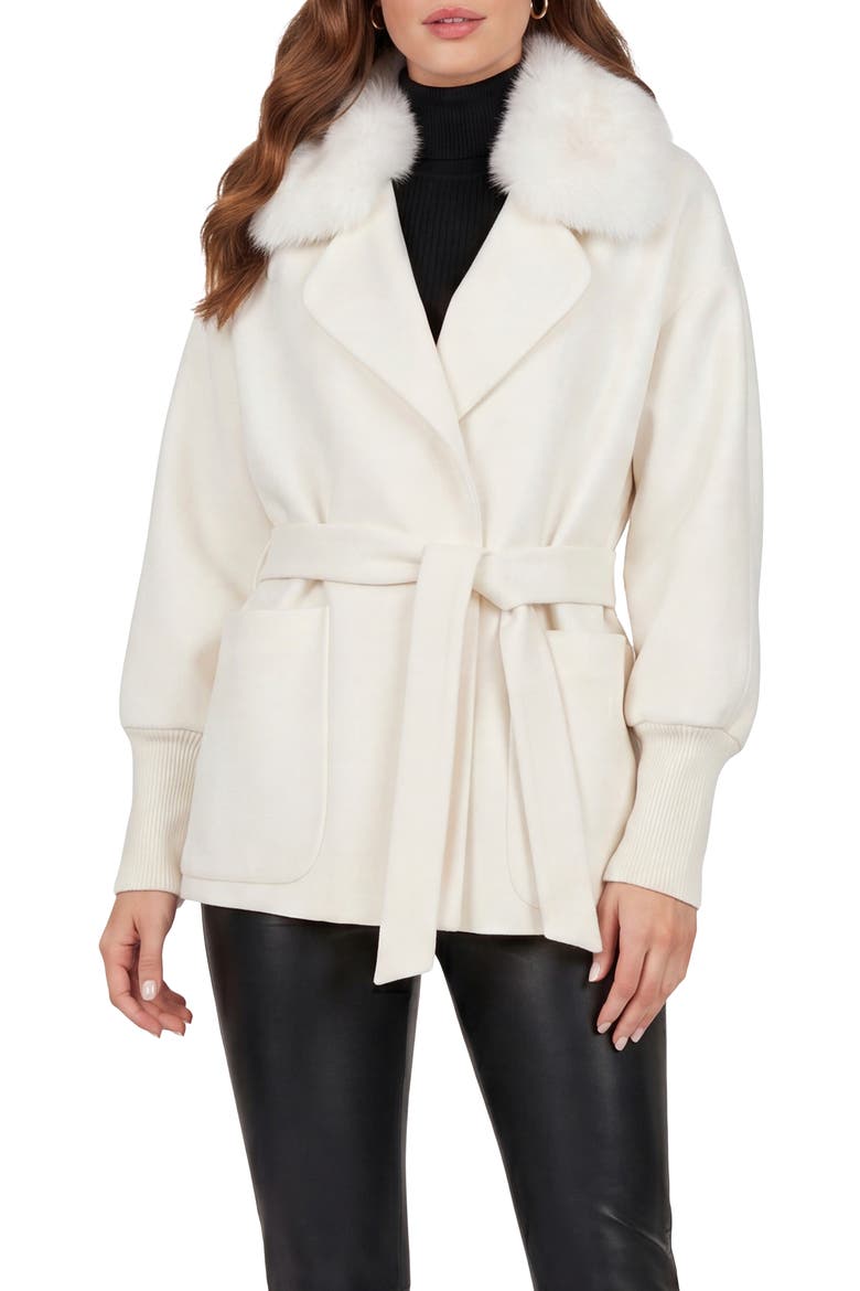 Fabric Jacket with Detachable Genuine Shearling  Collar, Belt, Main, color, IVORY