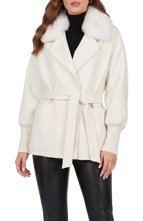 Fabric Jacket with Detachable Genuine Shearling  Collar, Belt