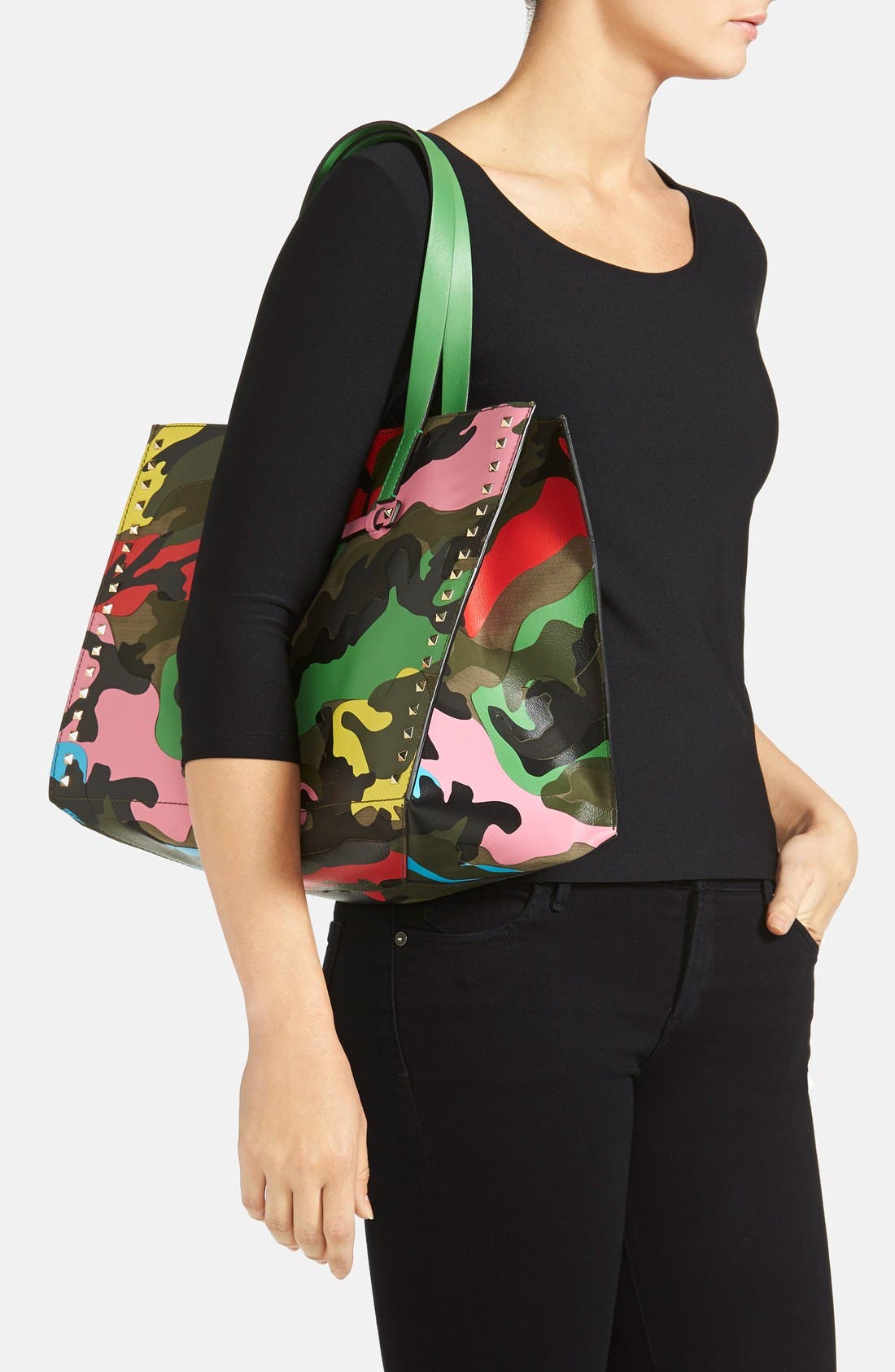 'Rockstud - Psychedelic Camo' Canvas & Nappa Leather Tote, Alternate, color, MULTI