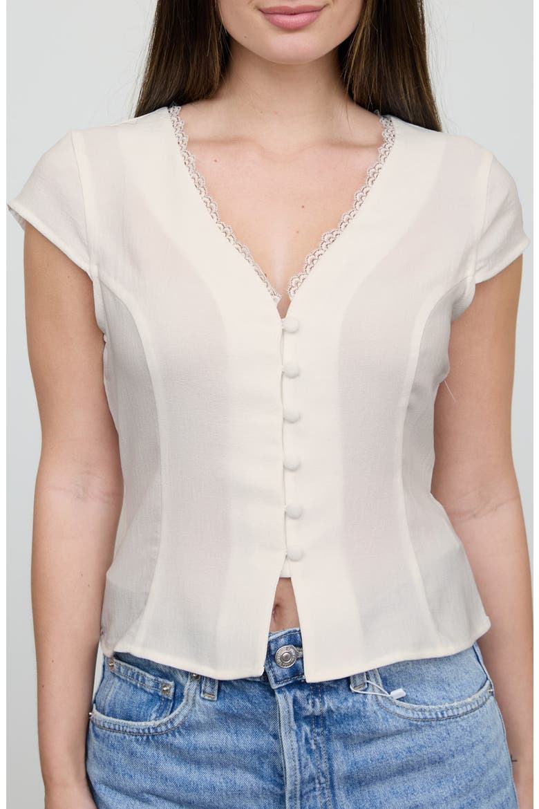 Lace Trim Cap Sleeve Button-Up Top, Main, color, KHAKI