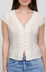 Blu Pepper Lace Trim Cap Sleeve Button-Up Top