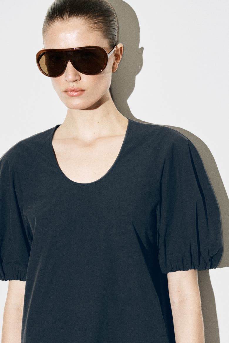 Puff-sleeve Cotton Mini Dress, Alternate, color, BLACK
