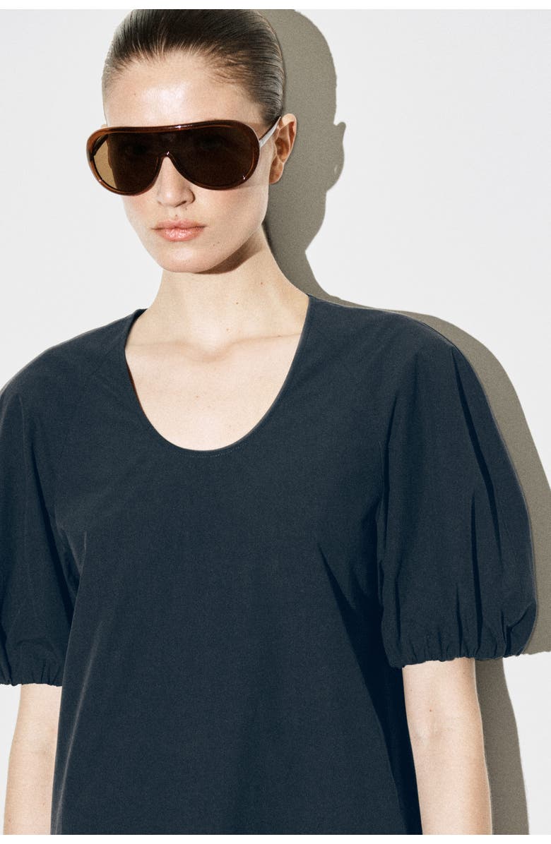 COS Puff-sleeve Cotton Mini Dress, Alternate, color, Black