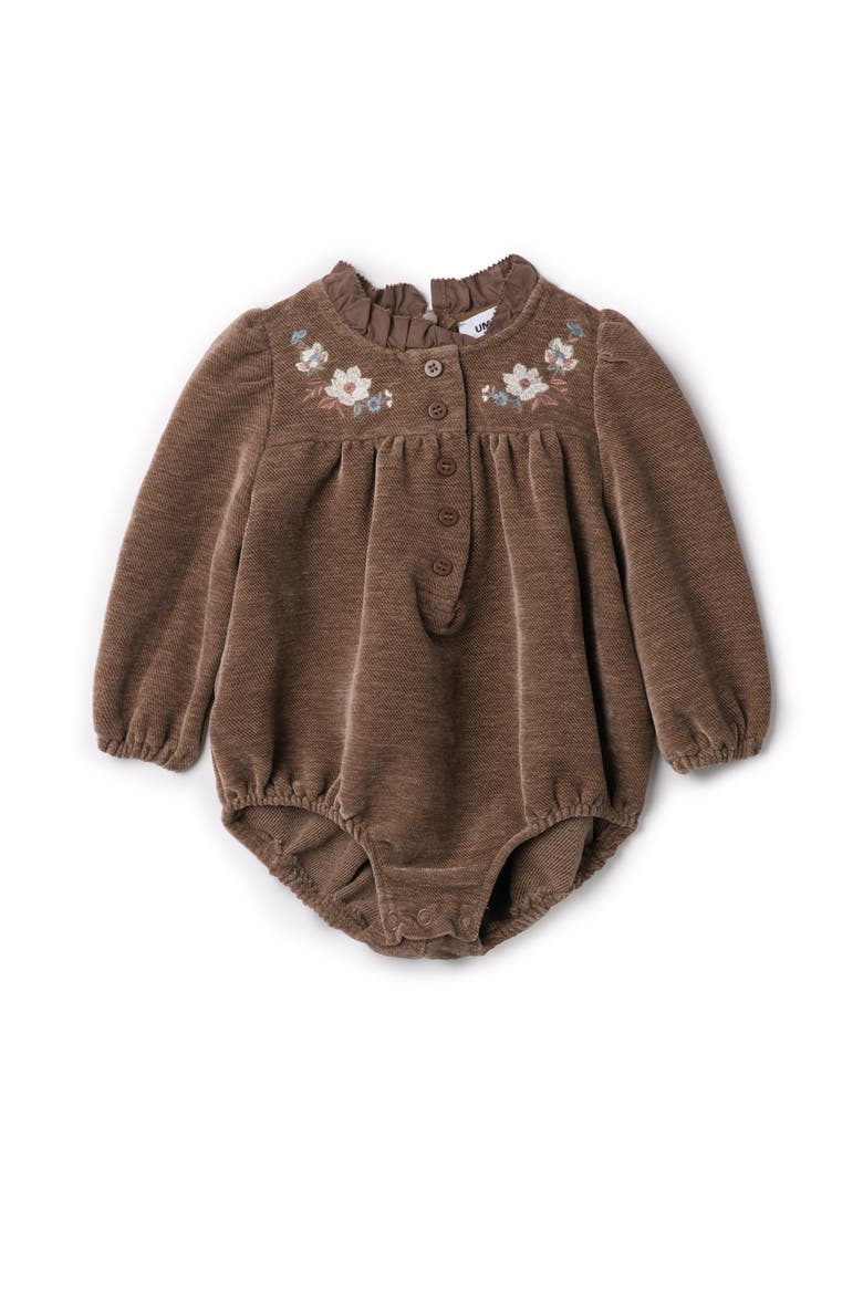 Girl Velvet Floral Embroidered Ruffle Neck Romper, Main, color, Taupe
