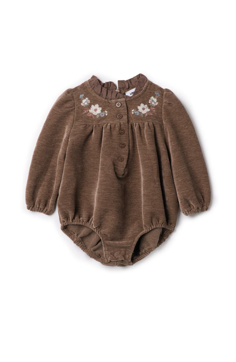 The Umbrella Academy Girl Velvet Floral Embroidered Ruffle Neck Romper, Main, color, Taupe