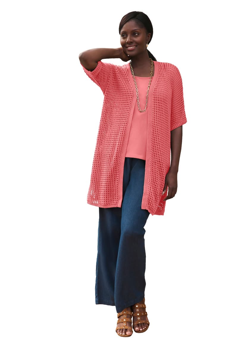 Crochet Long Cardigan, Main, color, DESERT ROSE