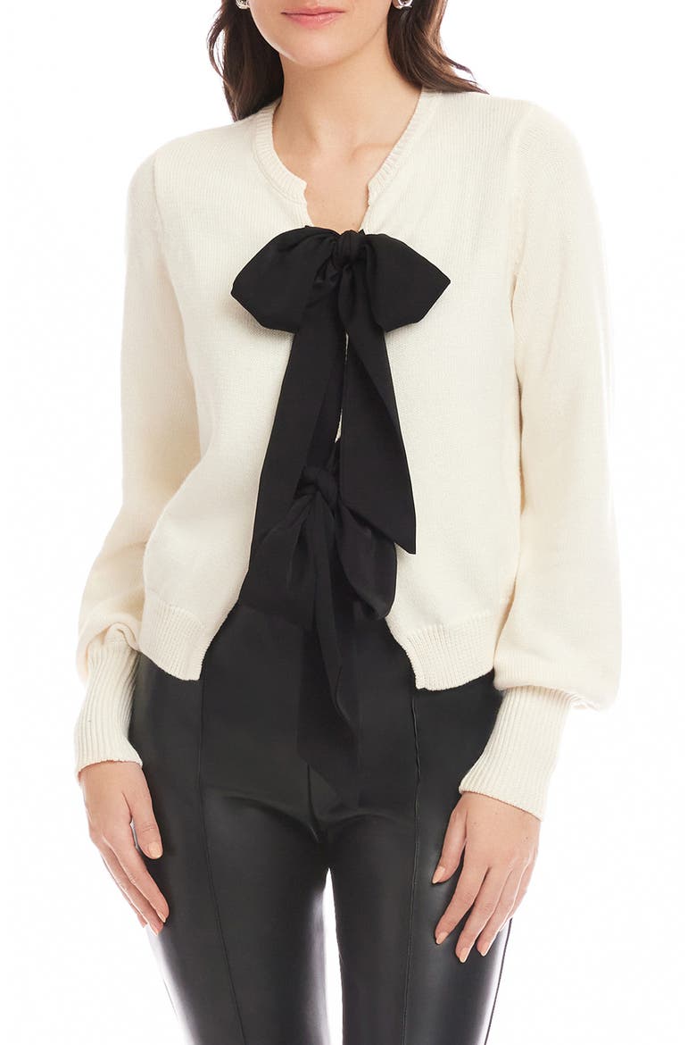 Dena Ribbon Tie Cardigan, Main, color, CREAM/ BLACK