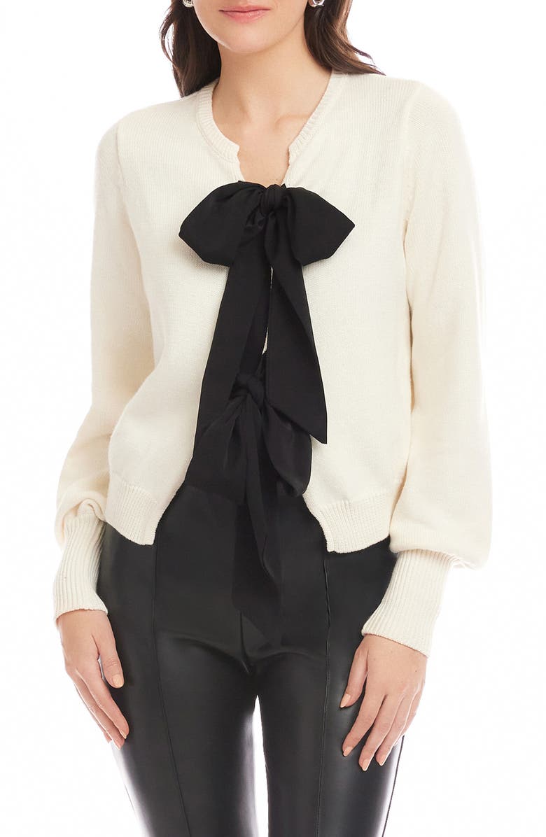 FIFTEEN TWENTY Dena Ribbon Tie Cardigan, Main, color, Cream/ Black