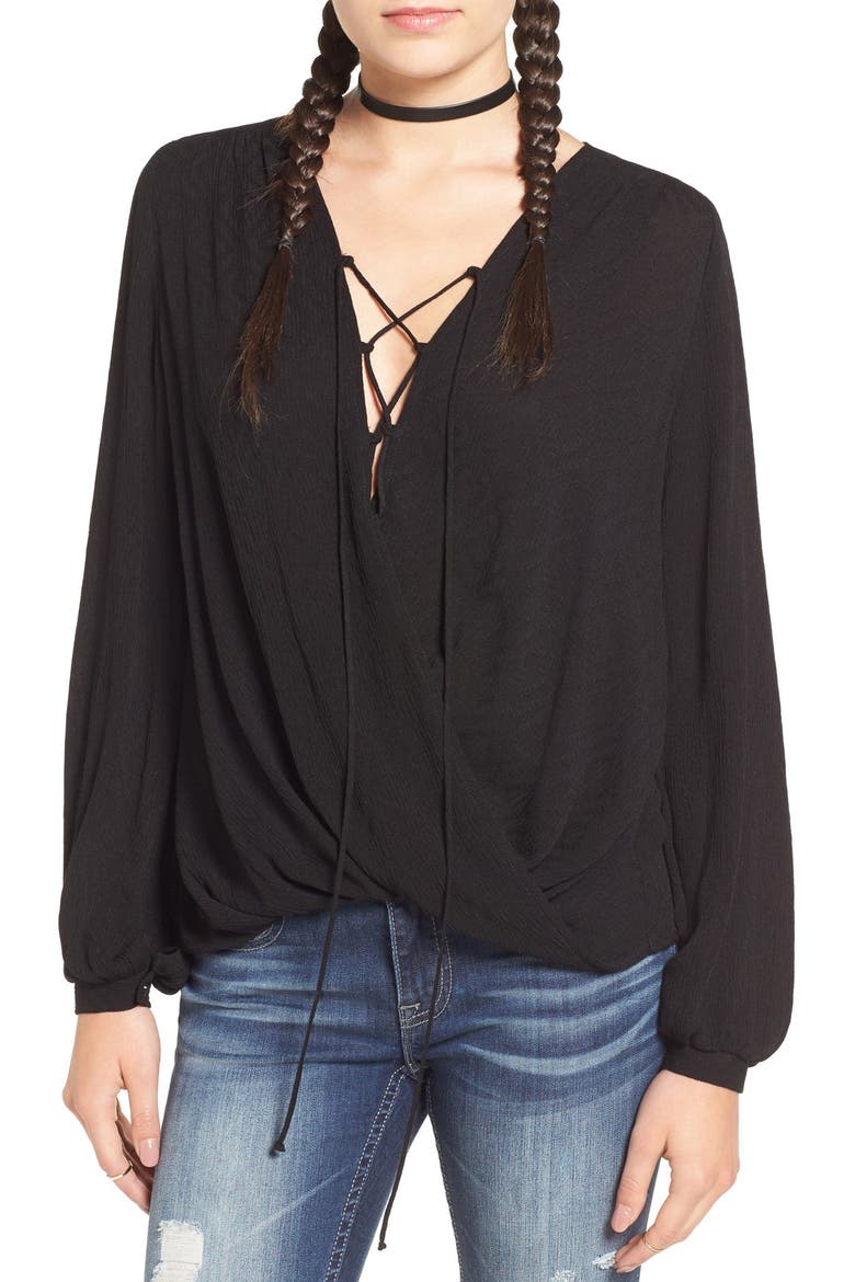 Lace-Up Surplice Blouse, Main, color, BLACK