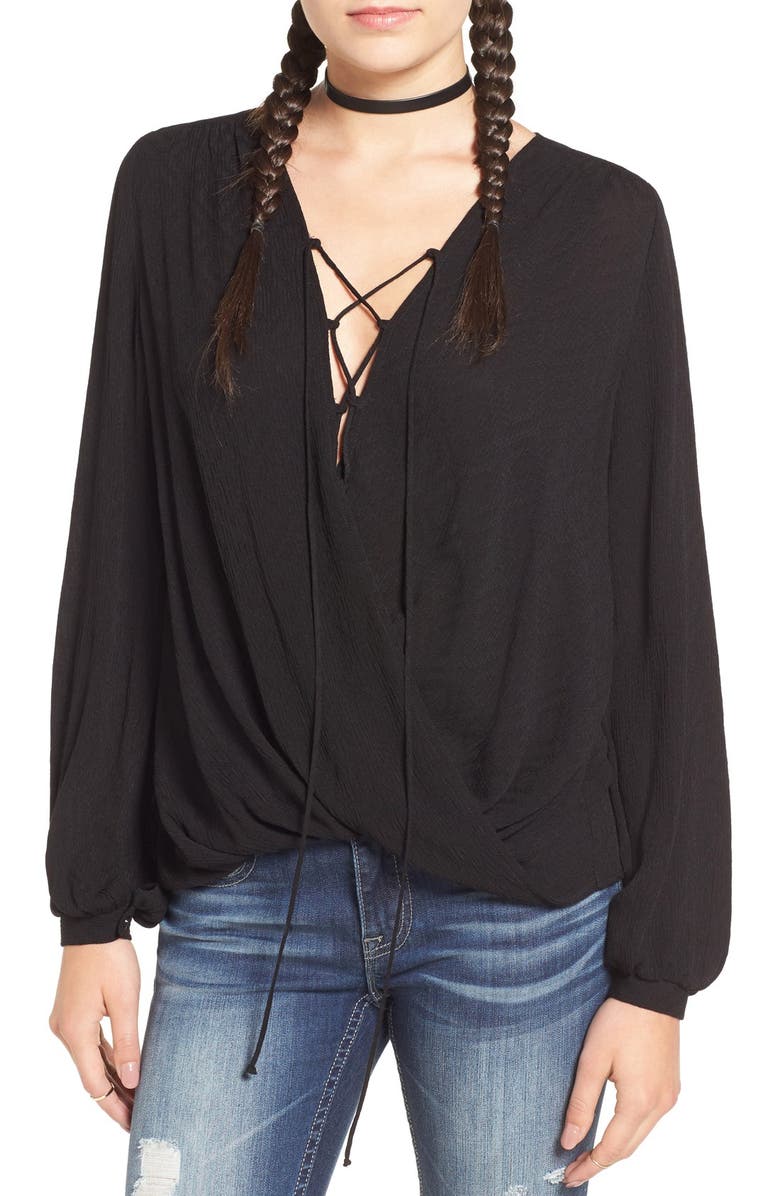 All in Favor Lace-Up Surplice Blouse, Main, color, 