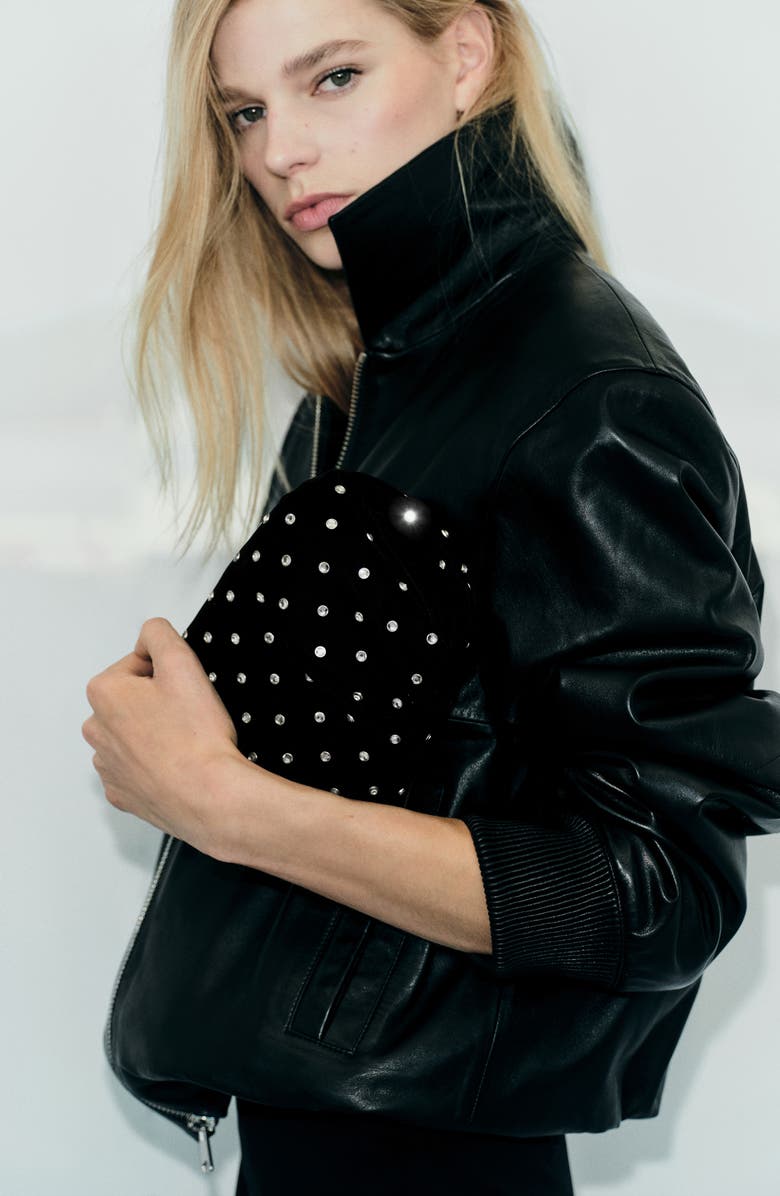 MANGO Rhinestone Velvet Clutch, Alternate, color, Black