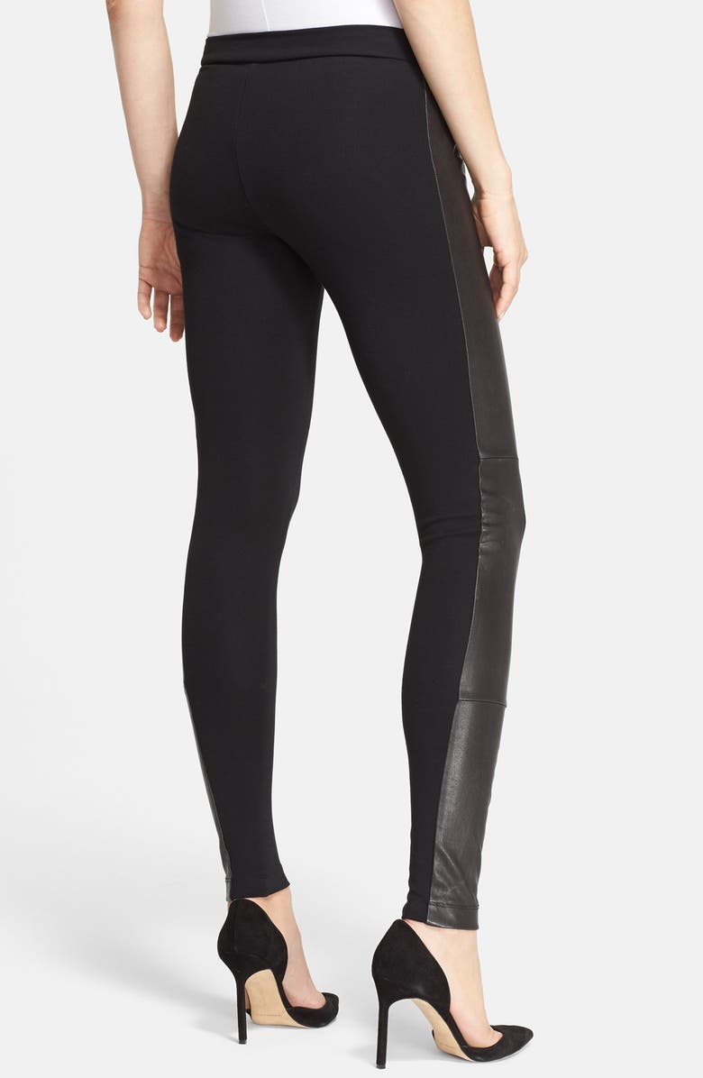 Alice + Olivia Leather Trim Ponte Knit Leggings, Alternate, color, 