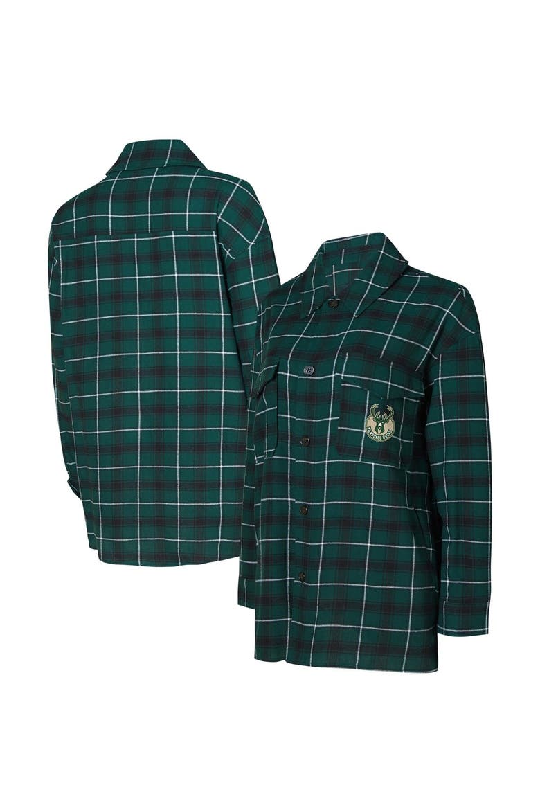 Women's College Concepts Hunter Green/Black Milwaukee Bucks Boyfriend Button-Up Nightshirt, Main, color, Hunter Green