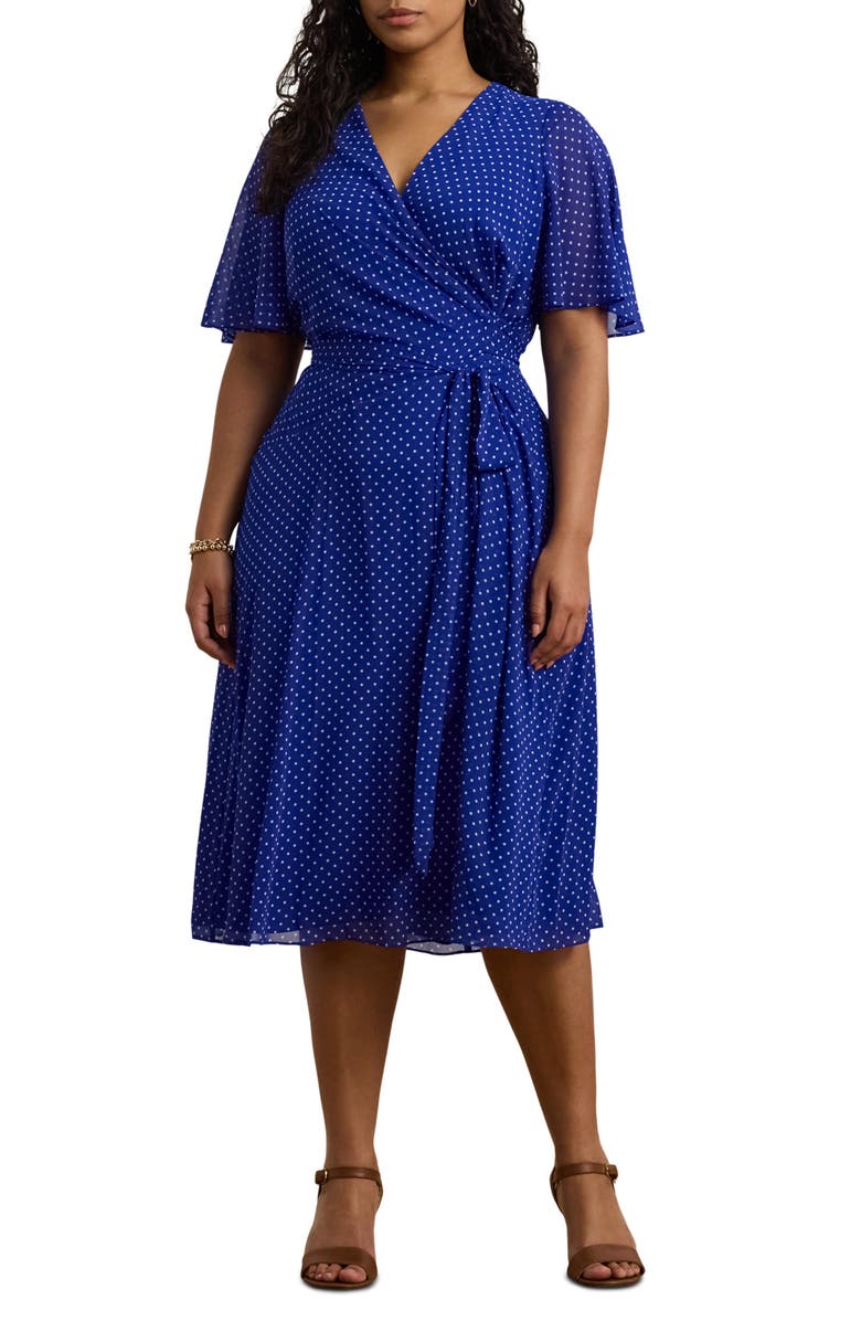 Lauren Ralph Lauren Surplice Flutter Sleeve Crinkle Georgette Midi Dress, Main, color, 