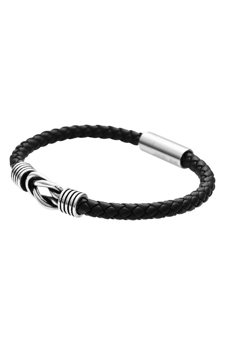 GEOFFREY BEENE Men's Stainless Steel Knot Leather Bracelet, Alternate, color, Black