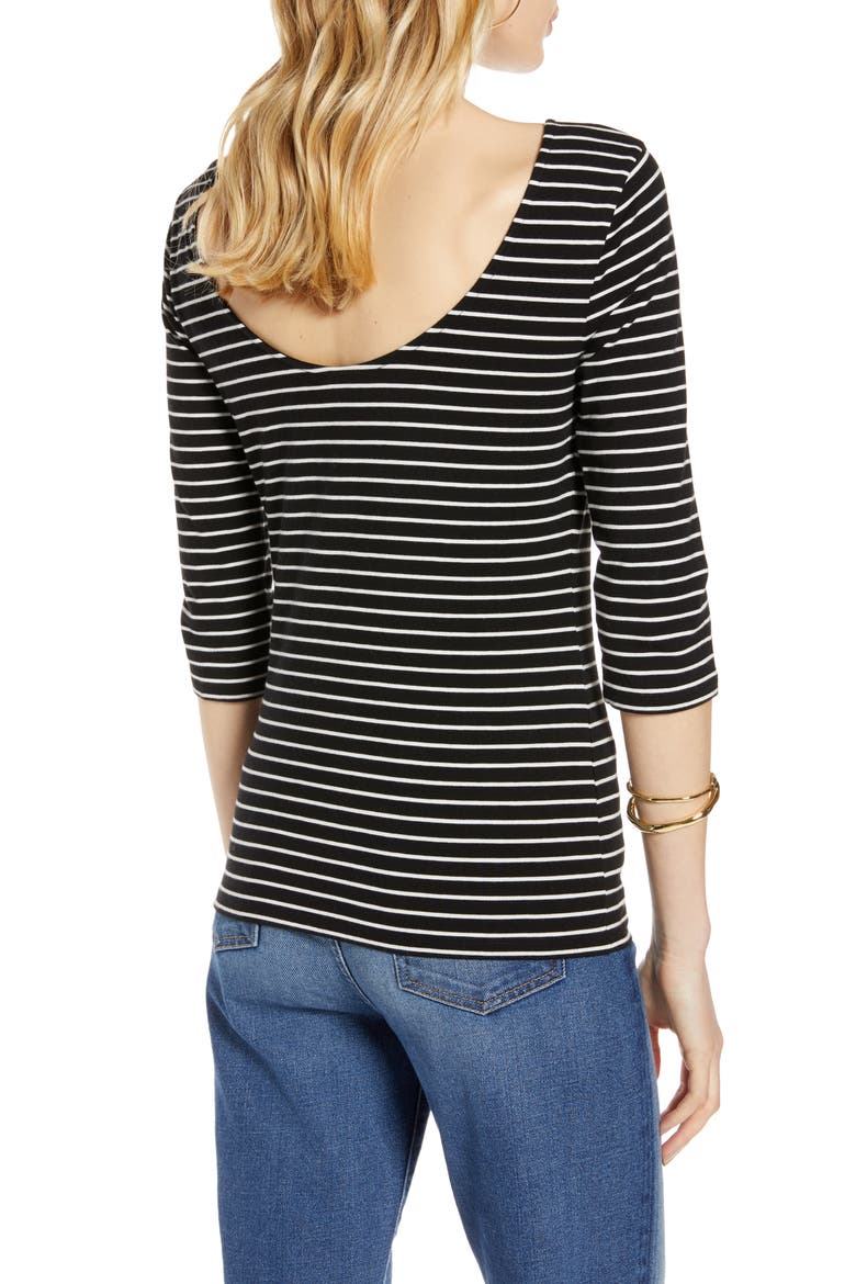 Scoop Back Knit Top, Alternate, color, BLACK- IVORY STRIPE