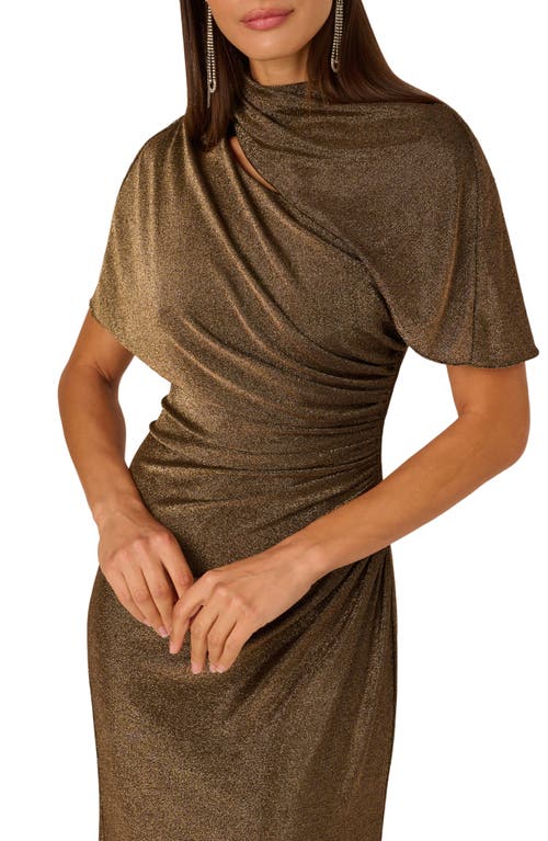 Adrianna Papell Side Ruched Metallic Knit Gown In Brown