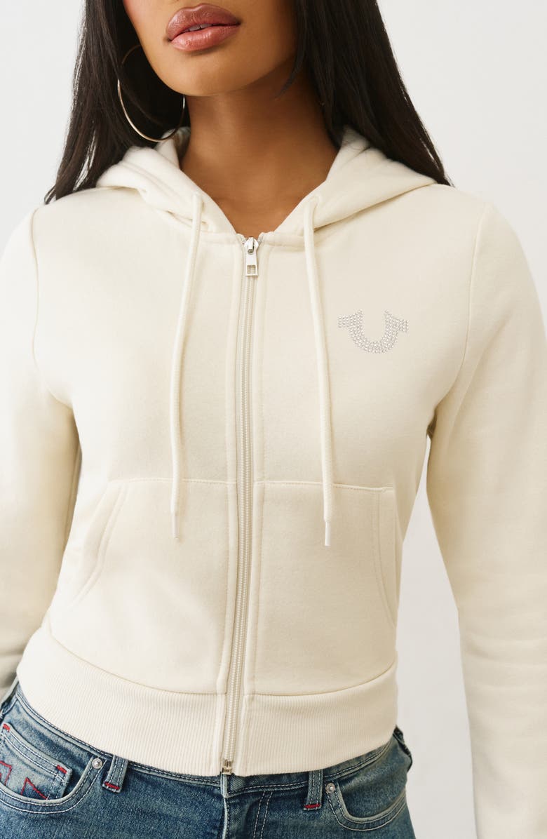 True Religion Tiger Shrunken Front Zip Crop Hoodie, Alternate, color, Winter White