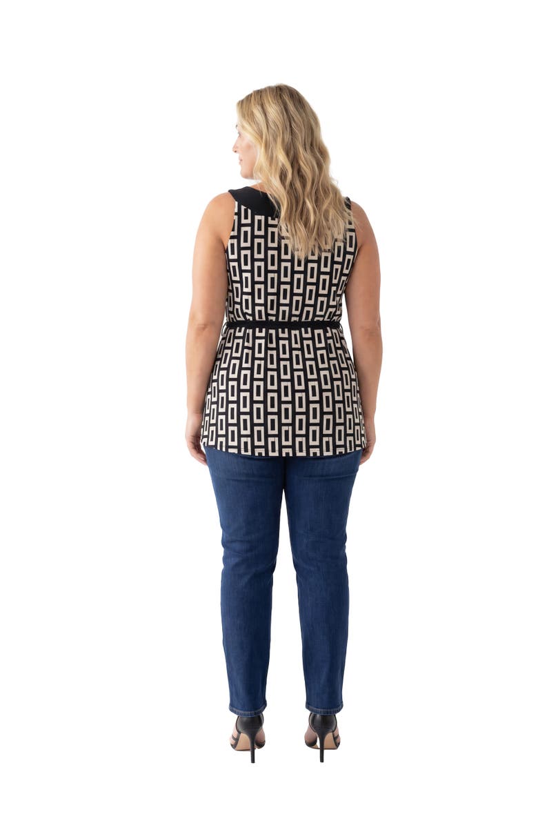 24seven Comfort Apparel Curvy Essential Geometric Print Scoop Neck Sleeveless Waist Tie Top, Alternate, color, Black Multi