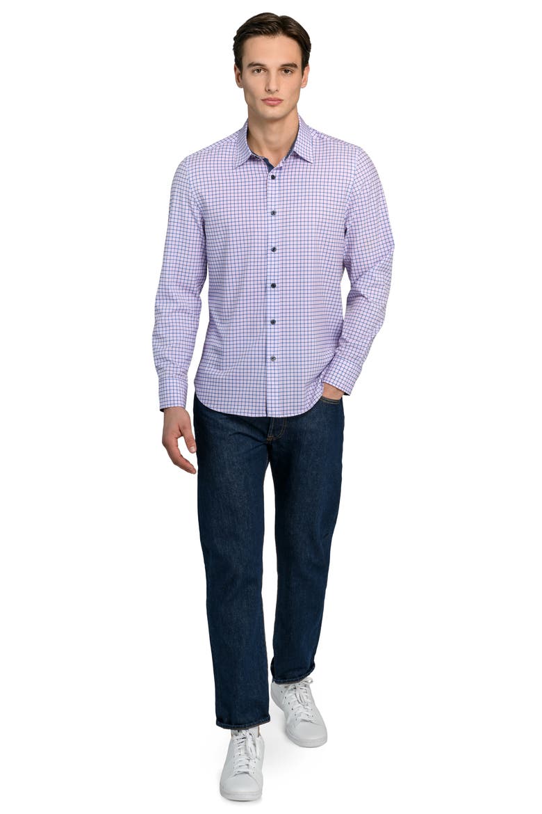 Grid Print Stretch Dress Shirt, Alternate, color, NAVY/ CORAL