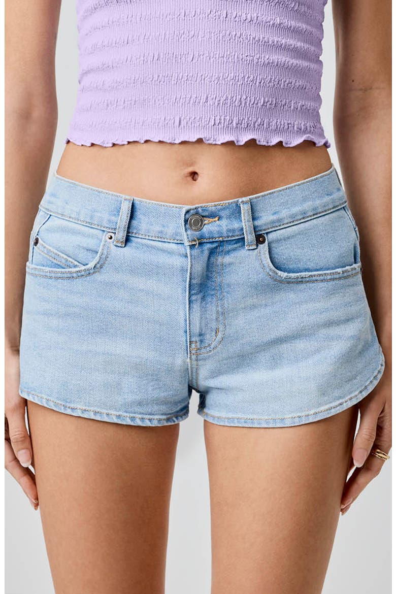 Cheeky Low Rise Denim Shorts, Main, color, LIGHT WASH