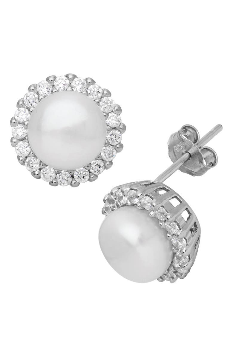 FUZION CREATIONS Freshwater Pearl & Pavé Cubic Zirconia Stud Earrings, Main, color, White