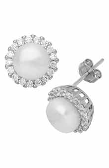FUZION CREATIONS Freshwater Pearl & Pavé Cubic Zirconia Stud Earrings