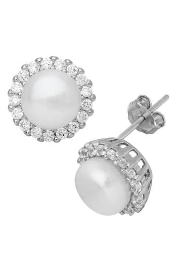 Fuzion Creations Freshwater Pearl & Pavé Cubic Zirconia Stud Earrings In White